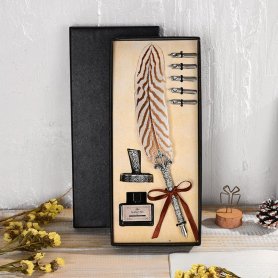 Penna a inchiostro piuma - Penna d'oca per calligrafia antica di lusso con pennino a immersione + supporto + 5 pennini