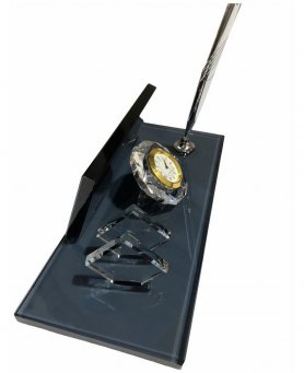 Szklany stojak na długopisy w kolorze czarnym - z zegarkiem + wizytownik + srebrny długopis
