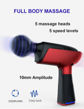 Pistolet vibrant de massage - 5 niveaux de vitesse et 5 têtes de massage