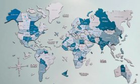Colorfull Mapa del mundo de madera en 3D en la pared - AQUA 100x60cm