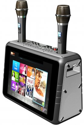 Karaoke přehrávač systém zařízení - 30W reproduktor + 14" dotykový displej + 2 bluetooth mikrofony