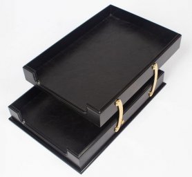 Papierlade organizer houten zwarte kleur + leer + gouden accessoires