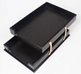 Popieriaus dėklo tvarkyklė medinė juoda spalva + oda + auksiniai priedai