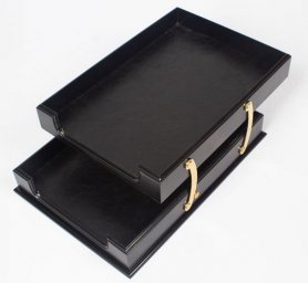 Organizator tavă hârtie lemn negru + piele + accesorii aurii