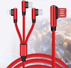 Kabel pengecasan 3V1 rajutan dengan reka bentuk penyambung 90 °- Micro USB, Lightning, USB-C dengan panjang 1,5 m