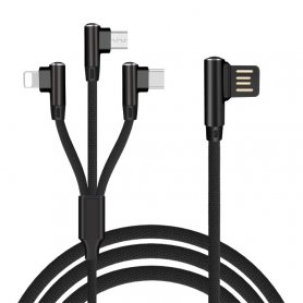 Dzianinowy przewód do ładowania 3V1 o konstrukcji 90 ° ze złączem - Micro USB, Lightning, USB-C o długości 1,5 m