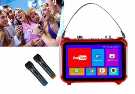 Set portabel sistem pesta karaoke - speaker 20W + layar sentuh 12" + 2 mikrofon bluetooth