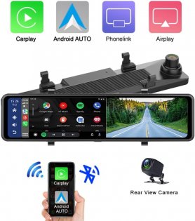 Cámara de espejo retrovisor para coche con WiFi + Bluetooth + pantalla de 11" + cámara de marcha atrás + soporte (Android auto/Carplay iOS)