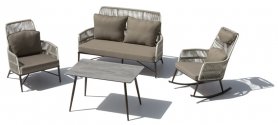 Terrasse sitteplasser i hagen - gynge og statisk stol + dobbelt sete for 5 personer + høyt bord