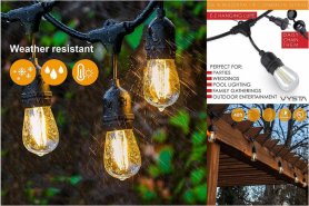 Lanț luminos LED pentru terasă (exterior) - Becuri LED albe 15buc + cablu 14m + IP65