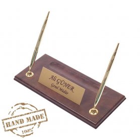 Office pen stand leather brown base with gold nameplate + 2 gold pens