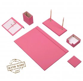 Sieviešu rozā ādas galda galds KOMPLEKTS - 8gab biroja piederumi (100% ROKU DARBS)