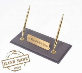 Porte-stylo en cuir pour bureau + plaque signalétique dorée + 2 stylos dorés