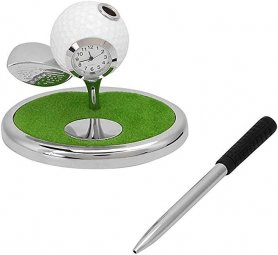Golfballpenn med stativ som en golfpinne og ball med klokke