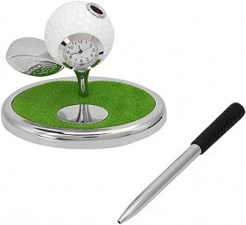 Golfballstift mit Ständer wie ein Golfschläger und Ball mit Uhr