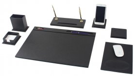 Conjunto de mesa de couro preto - 7 pcs acessórios (100% artesanal)