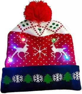 ポンポン付き LED ハット - ウィンター クリスマス ビーニー - CHRISTMAS DEER