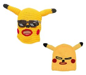 PIKACHU Halloween Maske - Pikachu Gesichts- und Kopfmaske mit Ohren und Brille gelb gestrickt