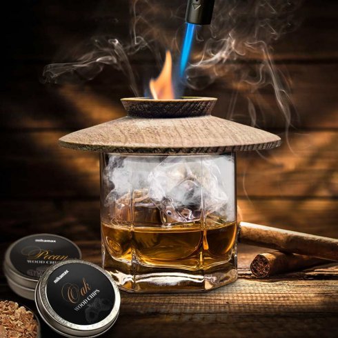 Kit pentru afumat whisky + Set pentru fumat cu capac + arzător reîncărcat + așchii de lemn cu 4 arome