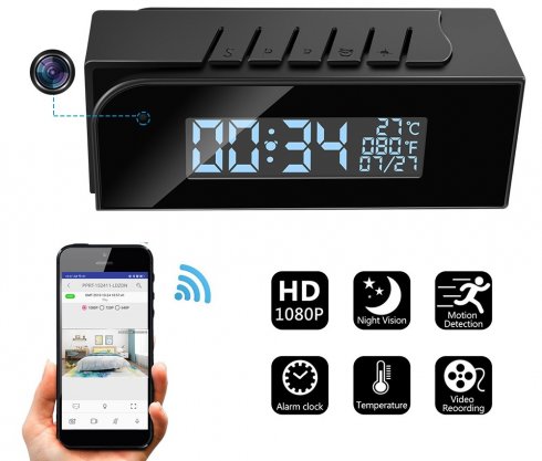 Kamera jam alarm HD LENGKAP + LED IR + WiFi & P2P + deteksi gerakan + suhu