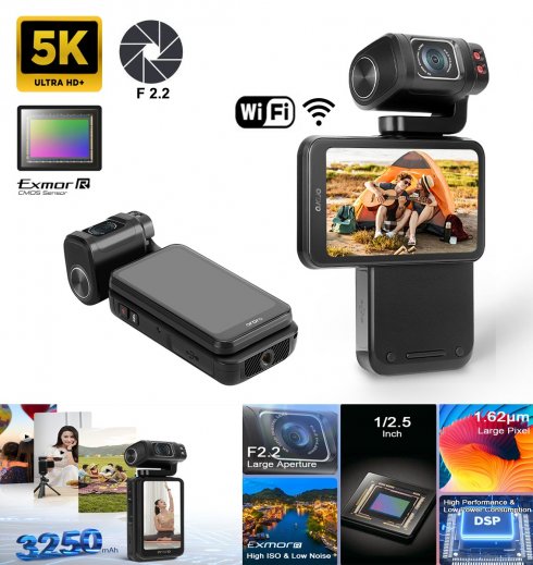 4K/5K Wifi kamera za vlogging s 3,5" zaslonom osjetljivim na dodir koji se može okretati za 180° s IR LED - Ordro M3