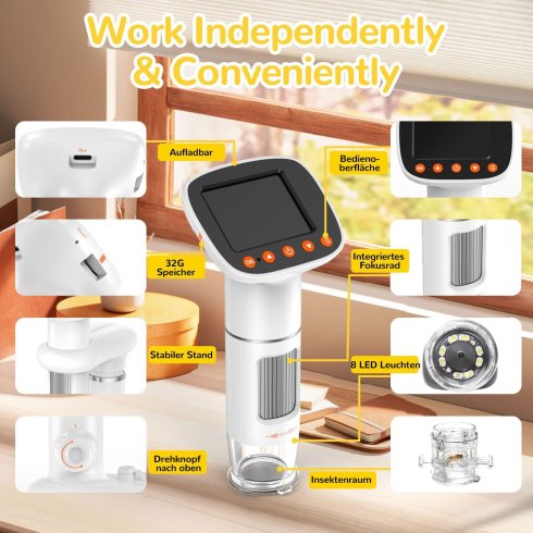 Microscopio Digital Portátil Para Niños Con Zoom 1000x – Pantalla De 2 Pulgadas, 8 LEDs, Captura De Fotos Y Vídeo (Naranja)