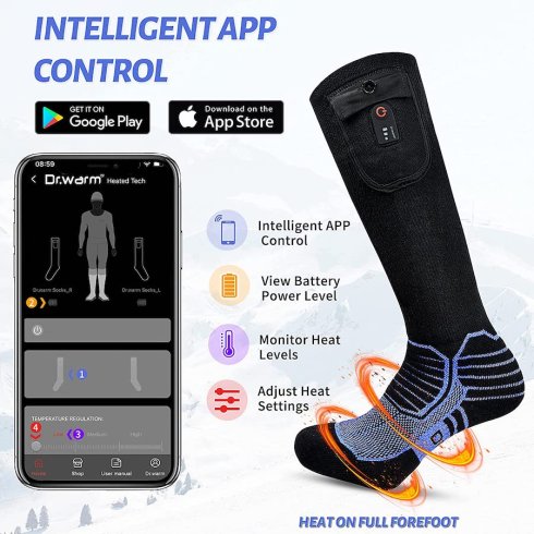 Chaussettes Chauffantes APP Qdreclod - Bluetooth, 2 Batteries 5000mAh, 3 Températures 35-70°C