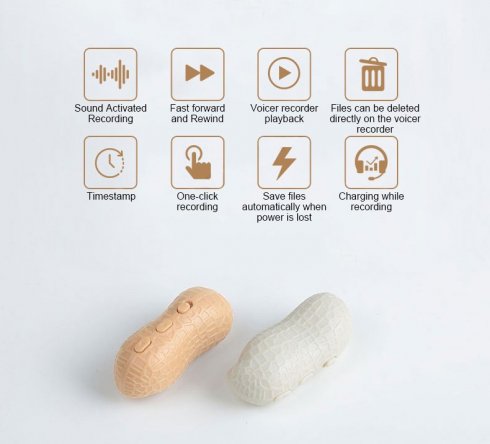 Mini stemmeoptager - spion lydoptageenhed VOX stemme aktiveret - Peanut (16 GB hukommelse)