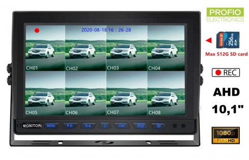 8 channel input hybrid 10,1" car monitor AHD/CVBS with micro SD card recording (up to 512 GB) for 8 cameras