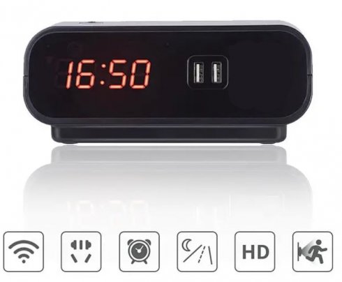 WIFi Cameră cu ceas cu alarmă FULL HD + LED IR + comunicare bidirecțională + 2xSlot de încărcare USB