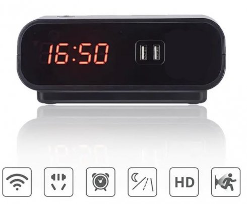 WIFi Alarm clock camera FULL HD + IR LED + two-way communication + 2xUSB charging slot