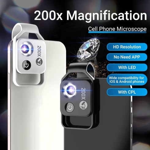 Microscópio de celular (smartphone) com filtro CPL e ampliação de 200x + iluminação LED