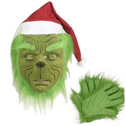 Maschera Grinch (elfo verde) con guanti - per bambini e adulti per Halloween o carnevale