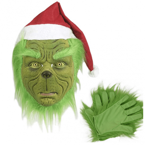 Grinch (green elf) face mask with gloves - for children and adults for Halloween or carnival