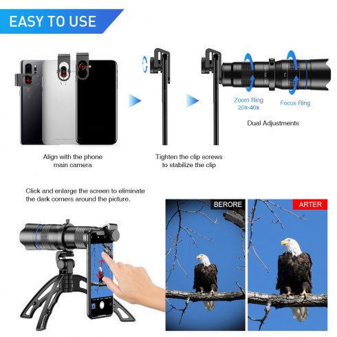 Mobiele telelens - Zoom fotolens 20-40x tot 800 m voor smartphone met statief