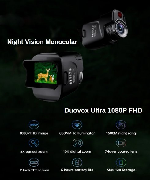 Monoculaire numérique zoom optique 5x/numérique 10x avec vision nocturne couleur - Duovox Ultra 1080P