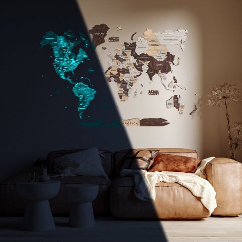 3D magnetická nástenná drevená mapa sveta - Svietiaca v tme farba Capuccino XXL - (300x175cm)
