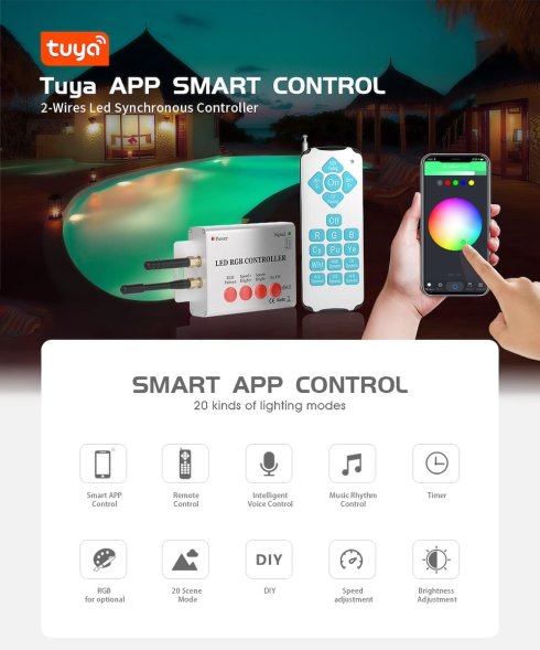 Controlador inteligente para iluminación RGB en la piscina - control mediante aplicación Smartphone Tuay