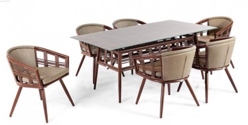 Gartenmöbel – Rattan-Sitzmöbel, moderne Essgruppe für 6 Personen + Tisch