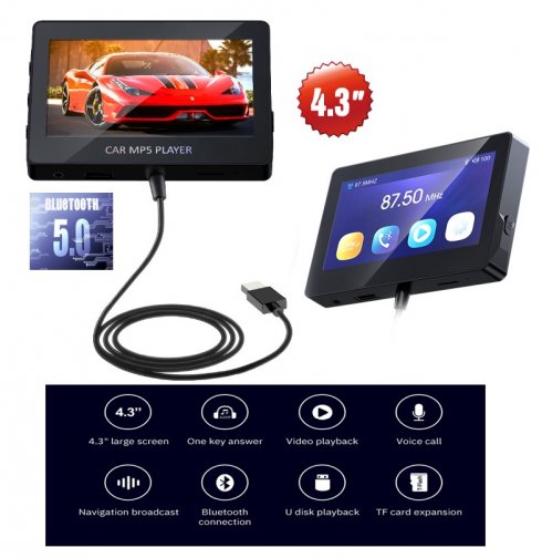 Lecteur de voiture MP5 Écran 4,3" Bluetooth 5.0 - vidéo + audio + transmetteur FM + mains libres