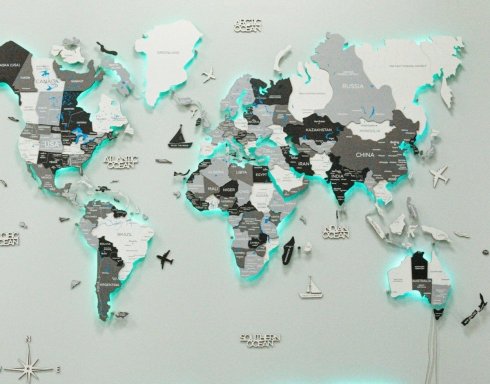 Carte du monde Wodden sur mur - Forme 3D éclairée par LED Blanc-Gris - 150 cm x 90 cm