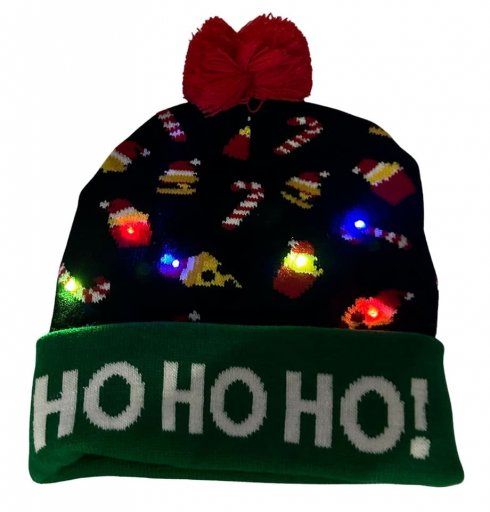 Jólavetrarhúfur með pom pom - Kveiktu á húfu með LED - HO HO HO