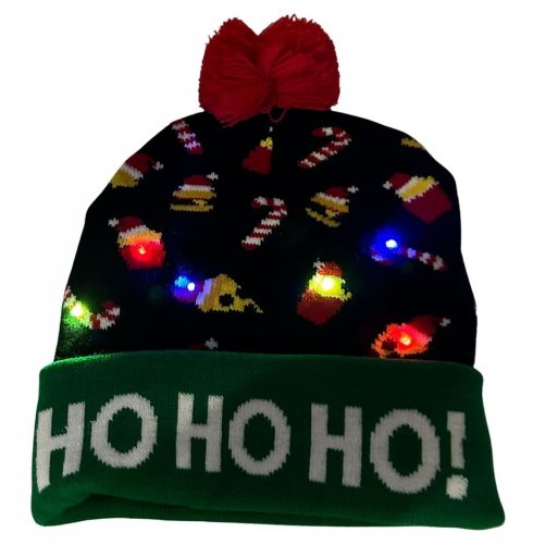 Jule-vinterhatte med pom pom - Oplys hue med LED - HO HO HO