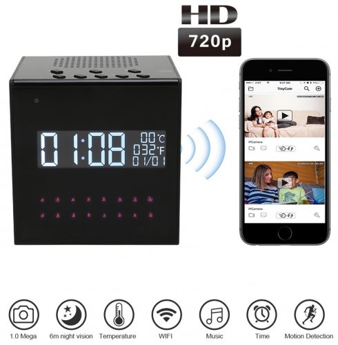 Kamera z budzikiem szpiegowskim FULL HD + głośnik Bluetooth + IR LED + WiFi i wykrywanie ruchu P2P +