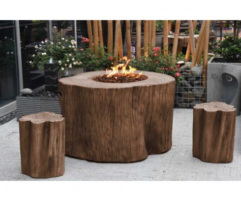 Luxury table with gas fireplace (portable) made of concrete - Imitation wooden tree stump