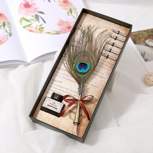 Peacock feather pen quill – luksuriøs historisk pen i en gavepakke + 5 nibs