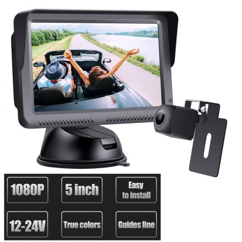 Conjunto de cableado de marcha atrás para coche: monitor de 5 + mini cámara  trasera FULL HD (IP68)