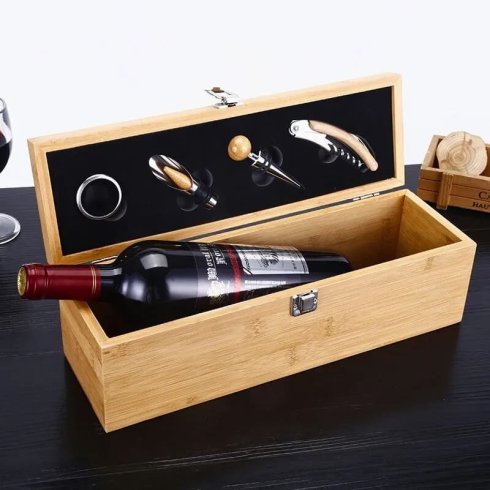Caixa de vinho de madeira (caixas de vinho) - conjunto de caixa de presente de vinho de luxo com 4 acessórios
