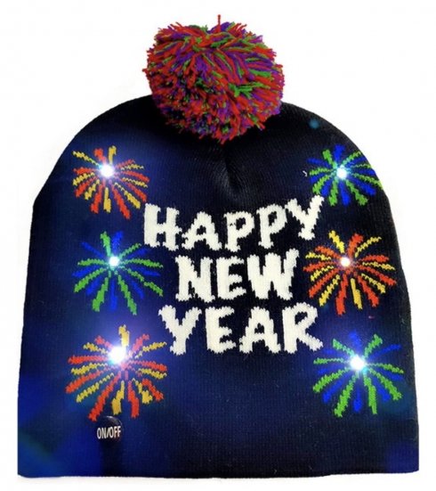 Зимна шапка с помпон - LED коледна плетена шапка - HAPPY NEW YEAR