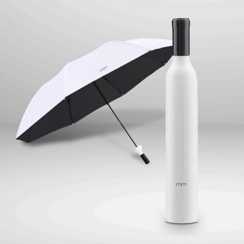 Folding umbrella - portable + foldable umbrella in white in shape of Wine bottle